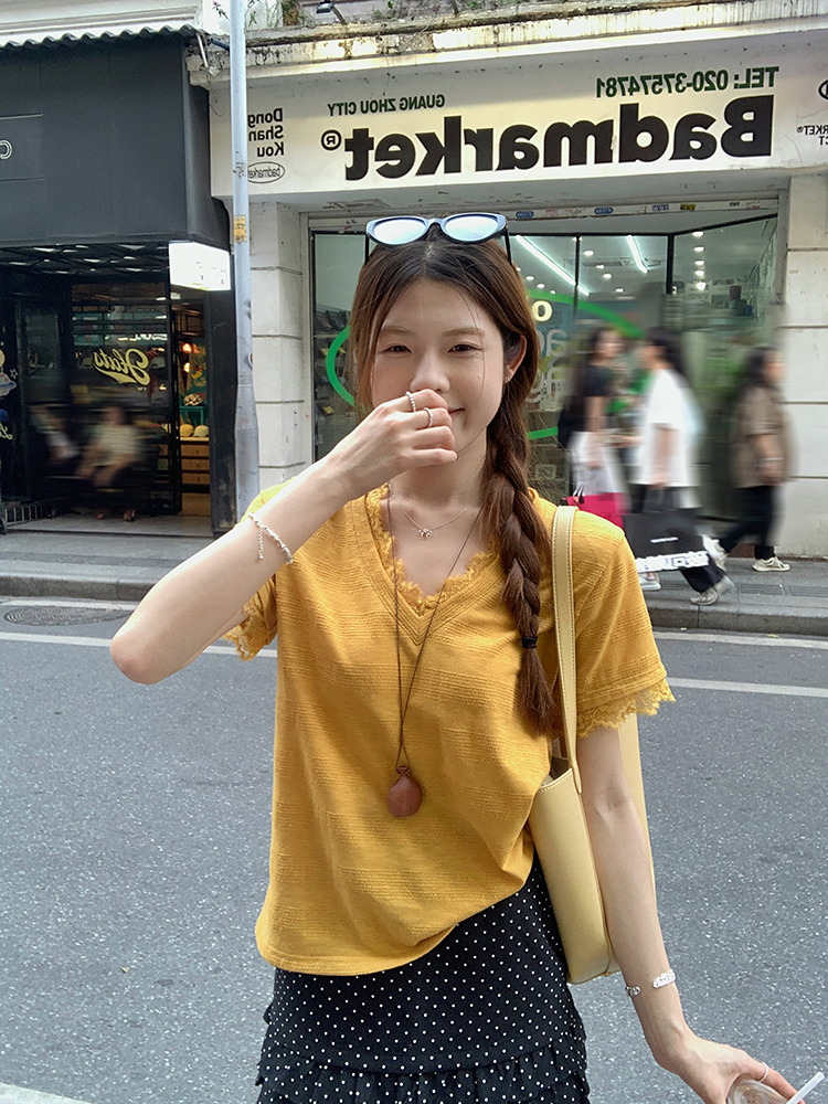 Lace short sleeve T-shirt stripe summer tops for women