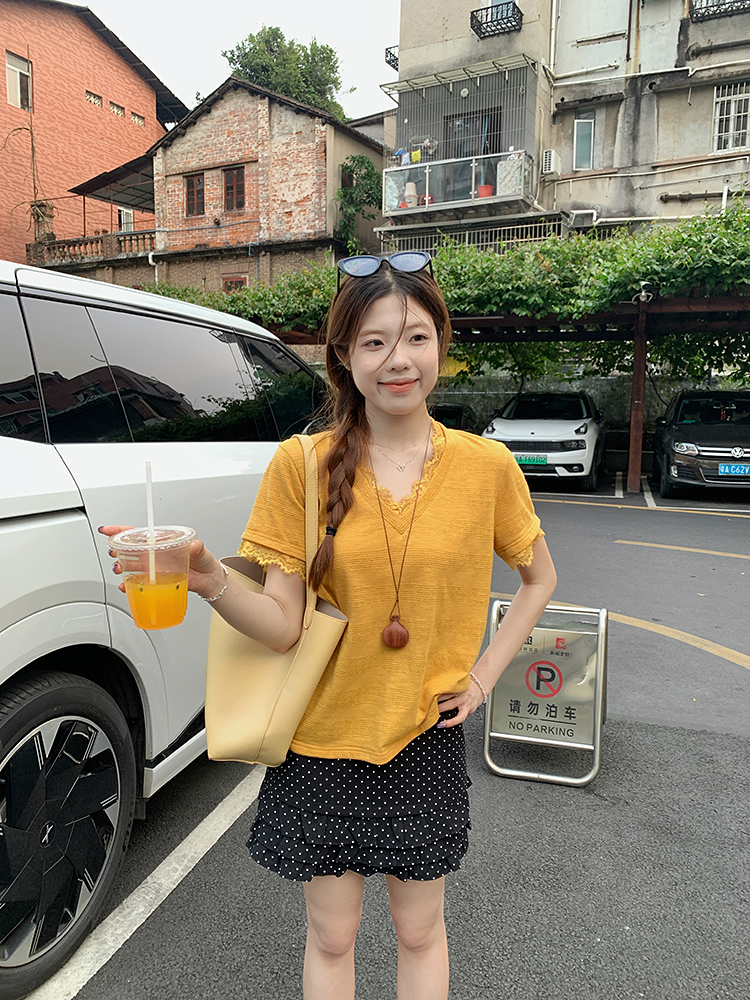 Lace short sleeve T-shirt stripe summer tops for women