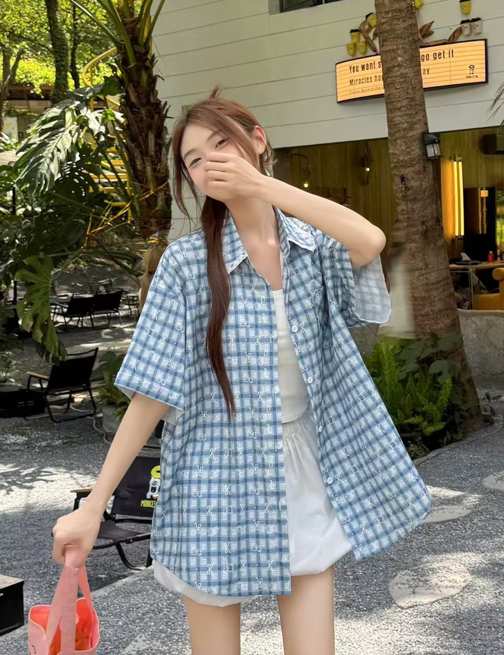 Lazy short sleeve bow shirt plaid commuting tops for women