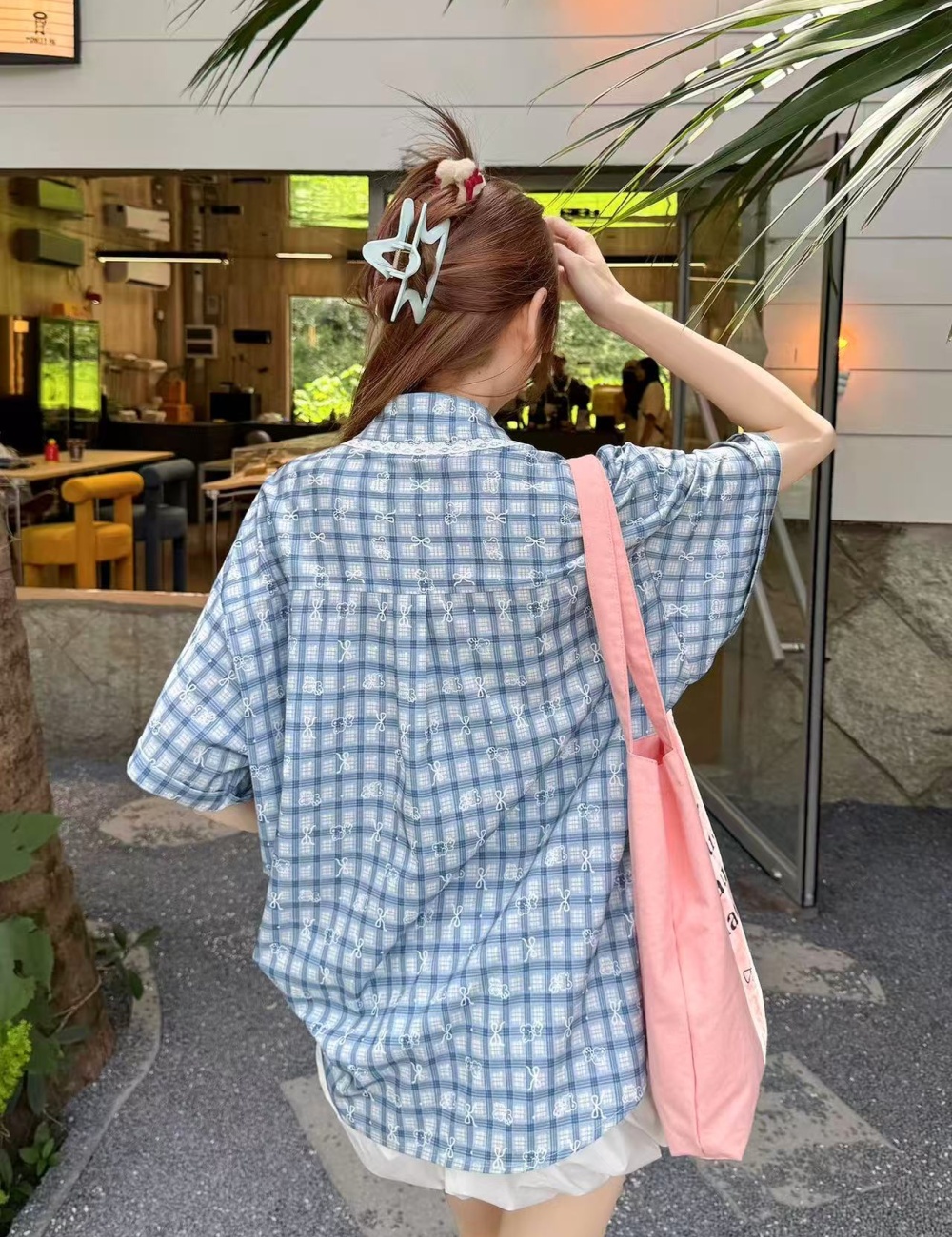 Lazy short sleeve bow shirt plaid commuting tops for women