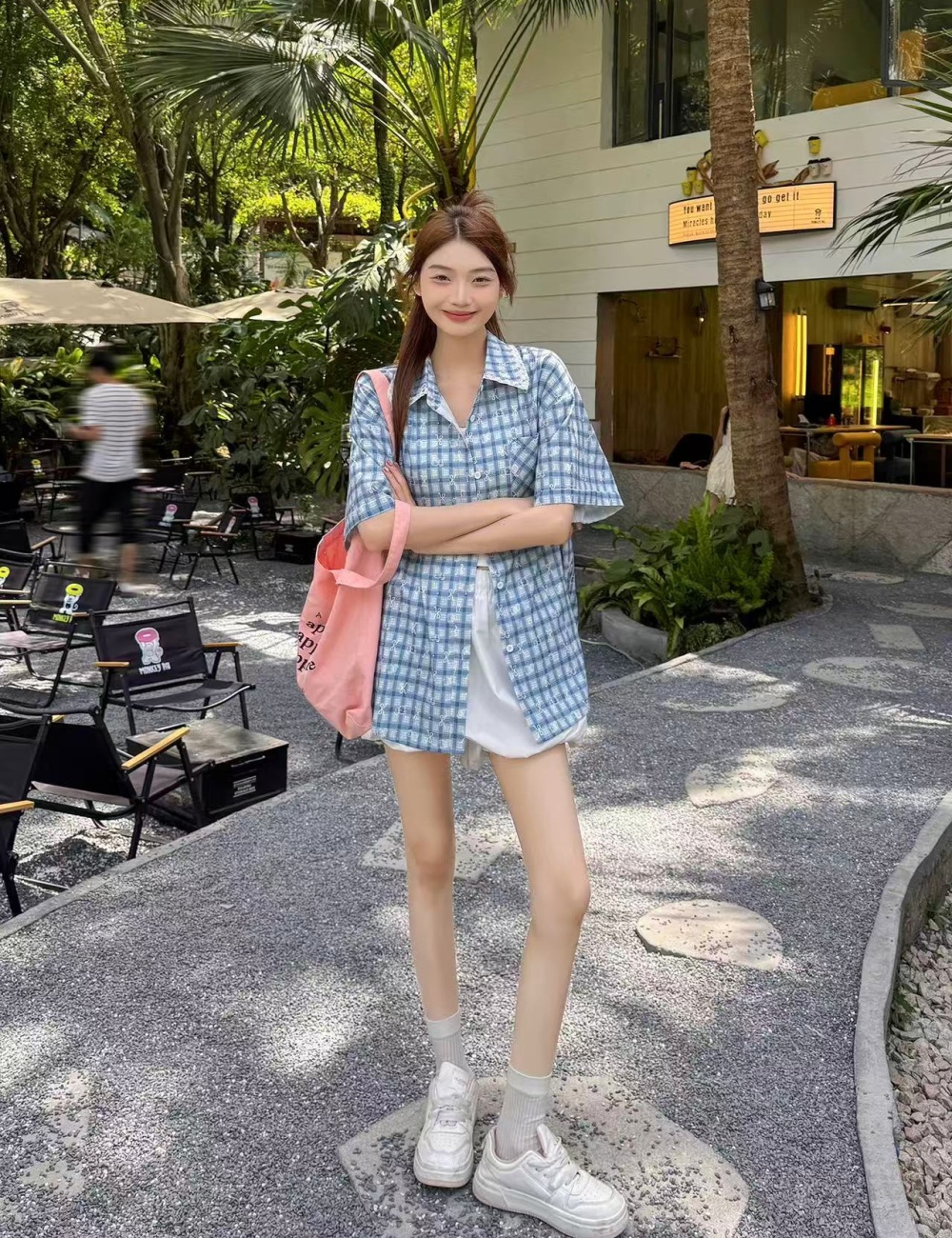 Lazy short sleeve bow shirt plaid commuting tops for women