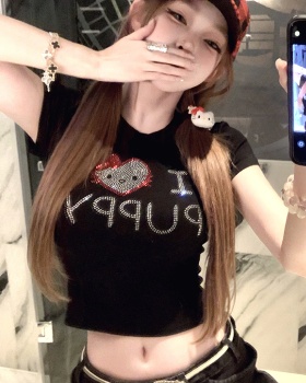 Round neck summer T-shirt rhinestone short sleeve tops