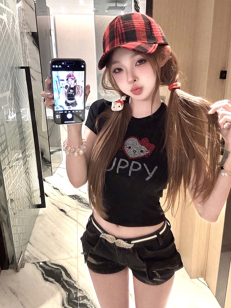 Round neck summer T-shirt rhinestone short sleeve tops