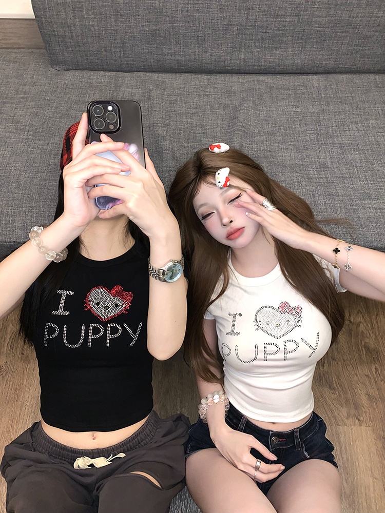 Round neck summer T-shirt rhinestone short sleeve tops