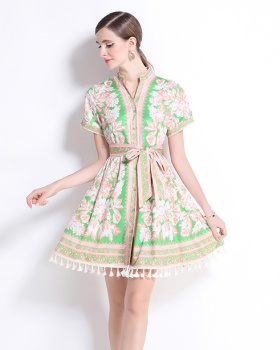 Printing court style pinched waist V-neck retro slim dress