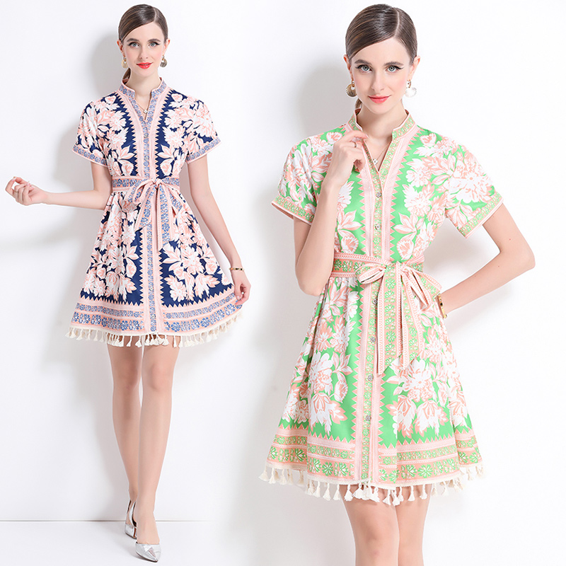 Printing court style pinched waist V-neck retro slim dress