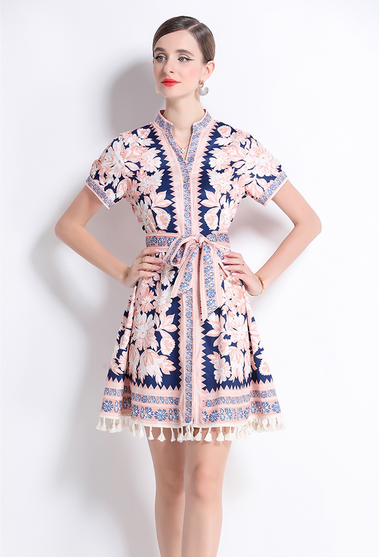 Printing court style pinched waist V-neck retro slim dress