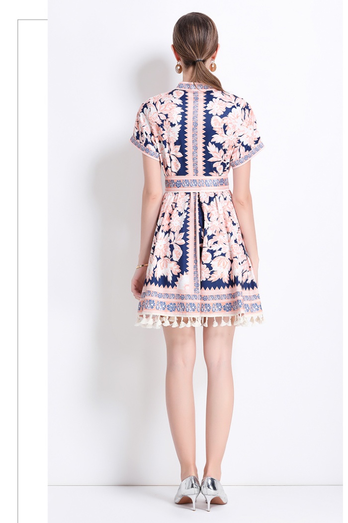 Printing court style pinched waist V-neck retro slim dress