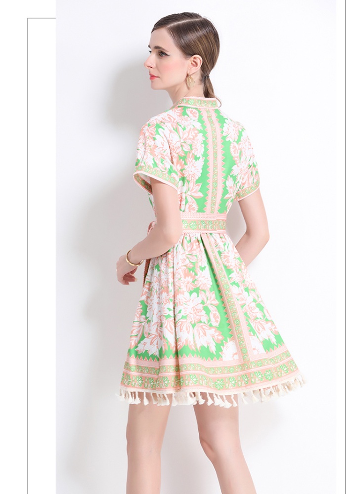 Printing court style pinched waist V-neck retro slim dress