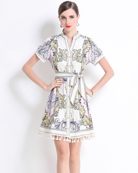 Court style V-neck tassels printing retro slim dress