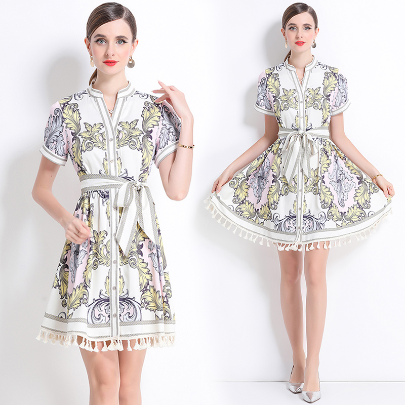Court style V-neck tassels printing retro slim dress