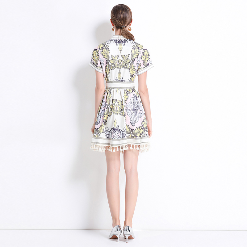Court style V-neck tassels printing retro slim dress