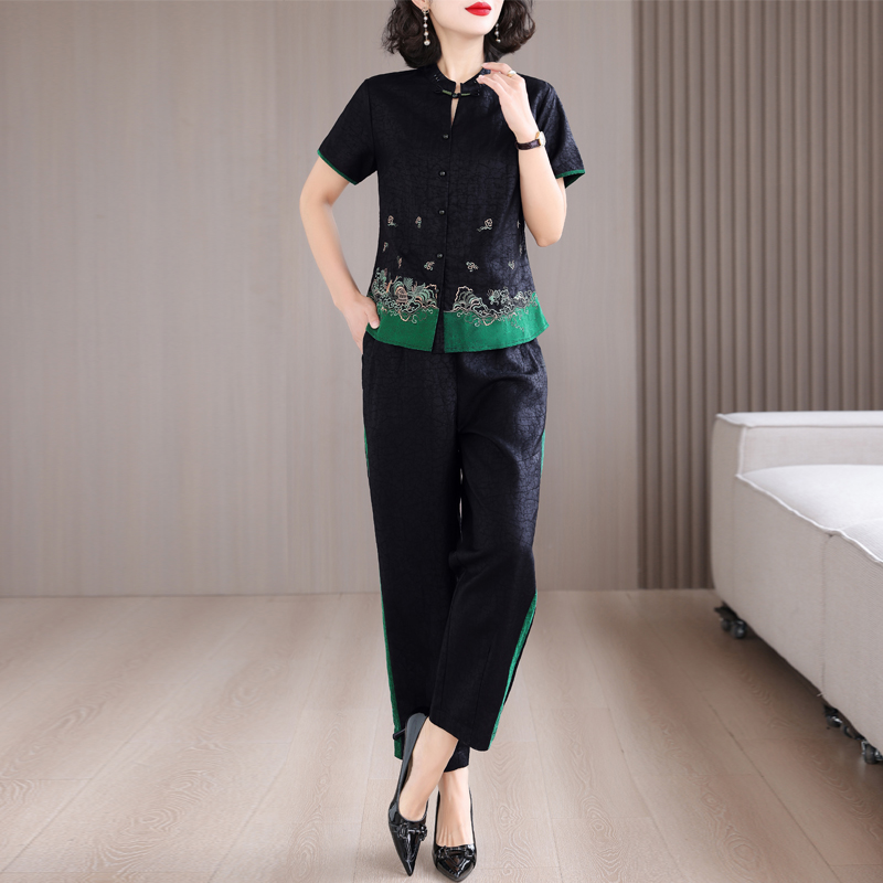 Real silk shirt Chinese style harem pants 2pcs set