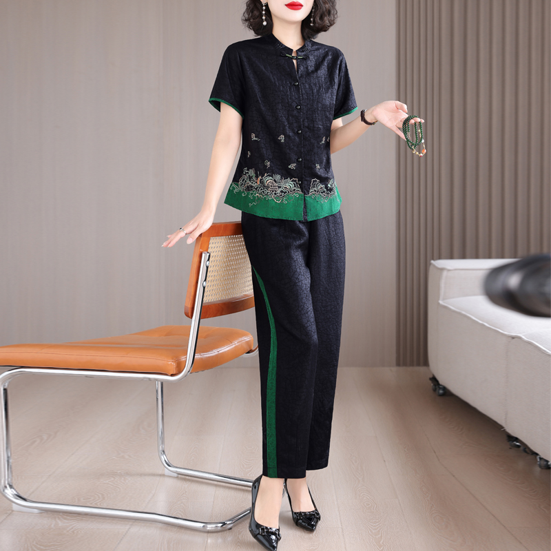 Real silk shirt Chinese style harem pants 2pcs set