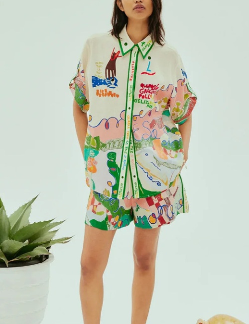 European style shirt cotton linen shorts 2pcs set