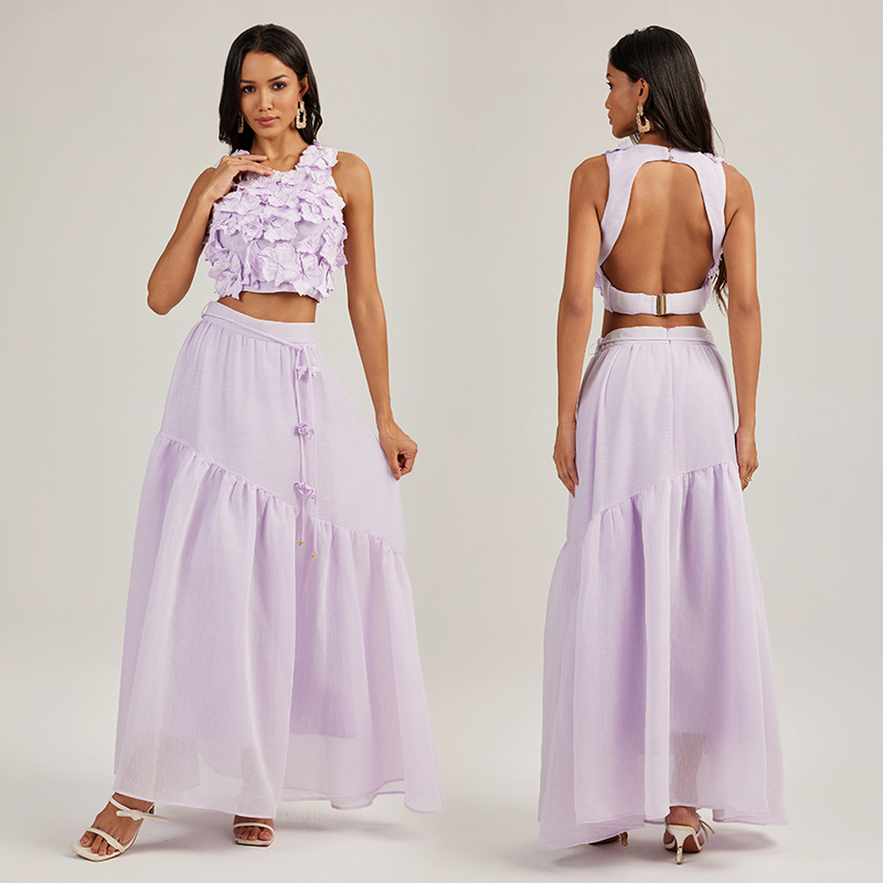Vacation purple skirt flowers long skirt 2pcs set