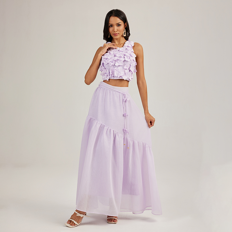 Vacation purple skirt flowers long skirt 2pcs set