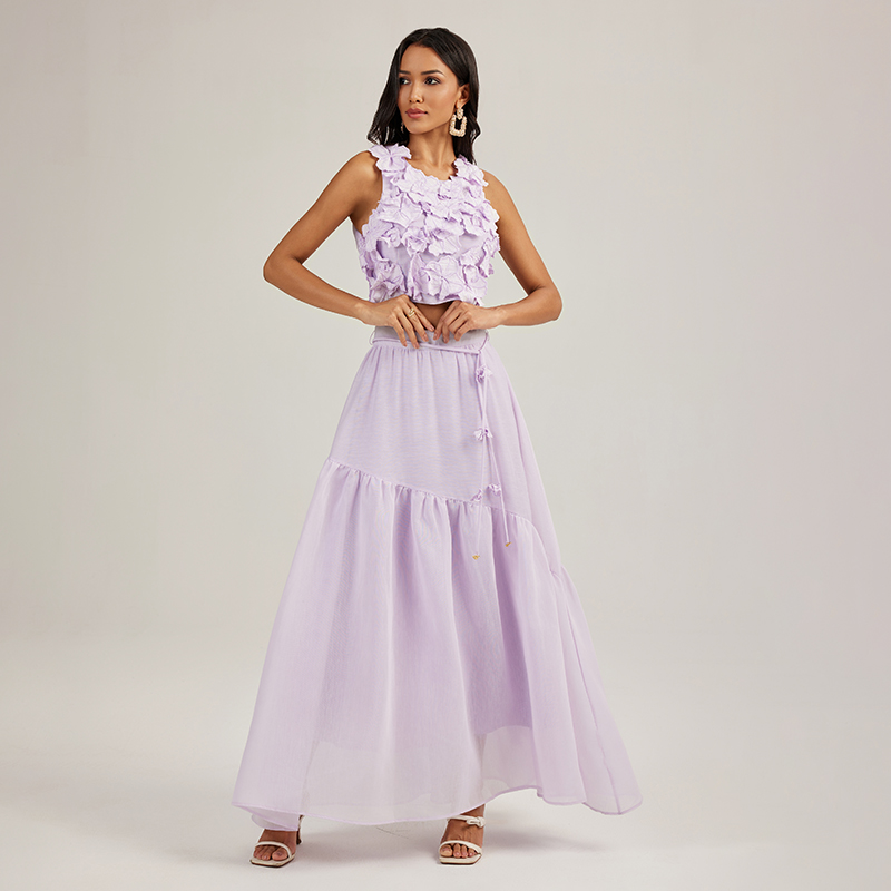 Vacation purple skirt flowers long skirt 2pcs set