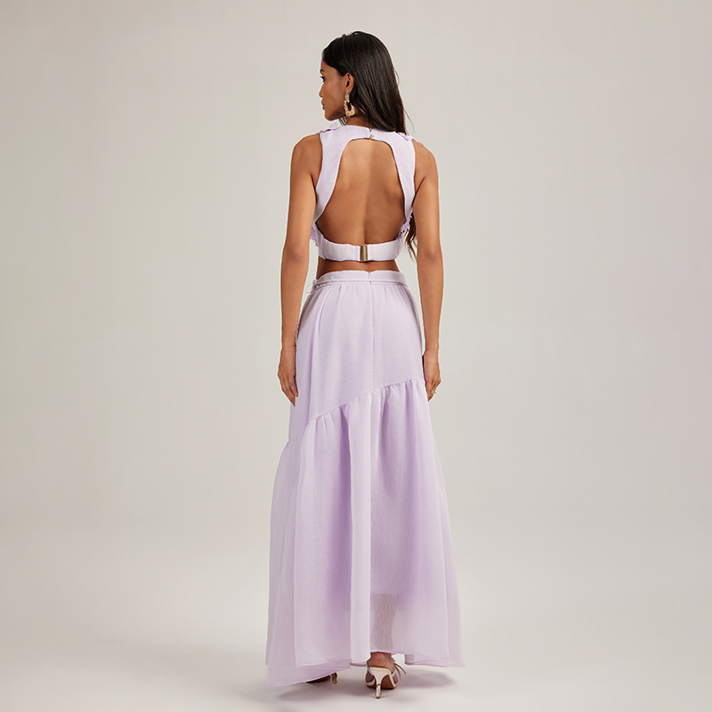 Vacation purple skirt flowers long skirt 2pcs set