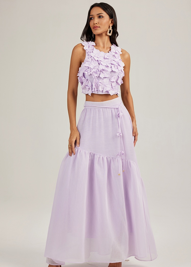 Vacation purple skirt flowers long skirt 2pcs set