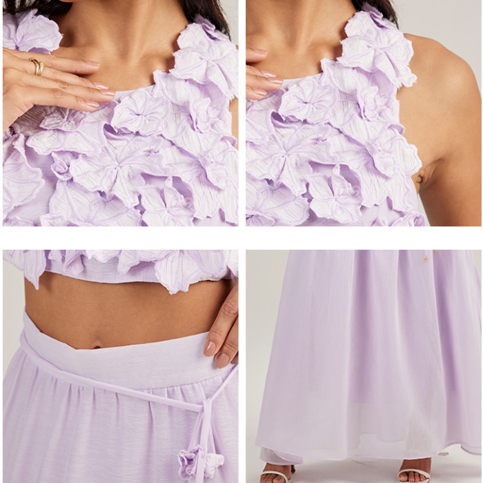 Vacation purple skirt flowers long skirt 2pcs set
