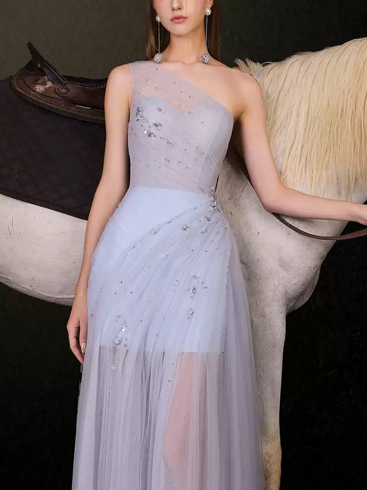 Streamer chiffon perspective blue dress for women