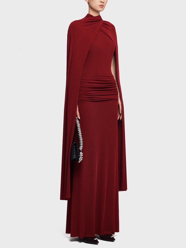 Light fold temperament cloak slim high collar dress