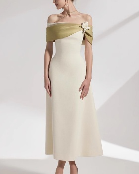 Beige pinched waist mixed colors A-line slim dress