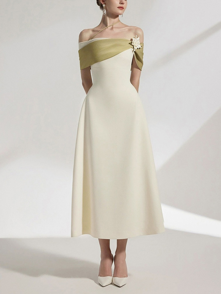 Beige pinched waist mixed colors A-line slim dress