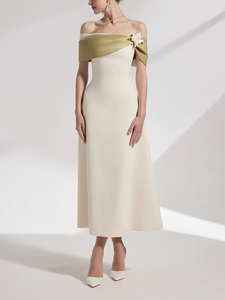 Beige pinched waist mixed colors A-line slim dress