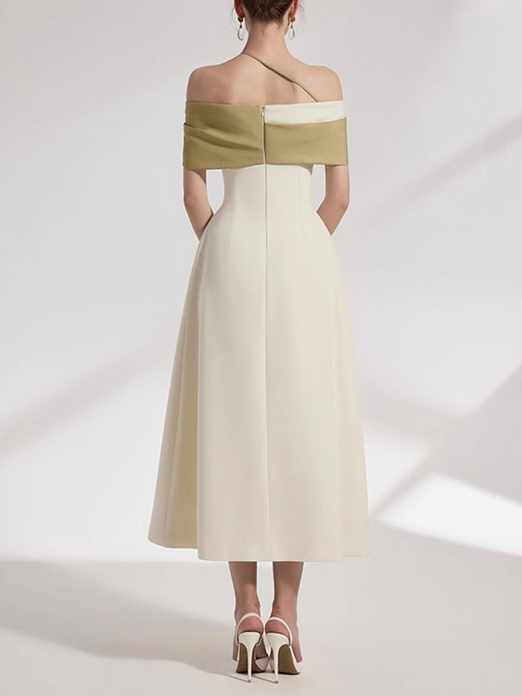 Beige pinched waist mixed colors A-line slim dress
