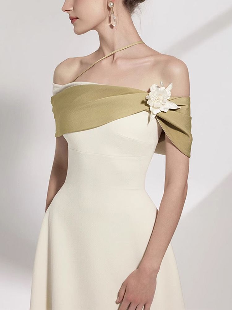 Beige pinched waist mixed colors A-line slim dress