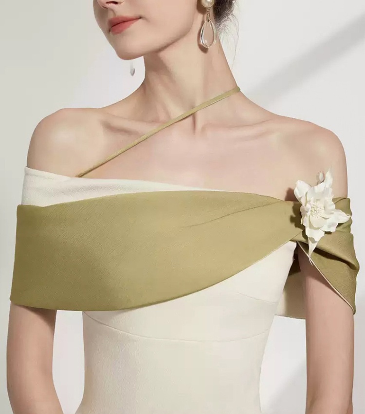 Beige pinched waist mixed colors A-line slim dress