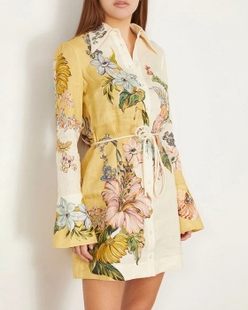 Printing long sleeve T-back pinched waist dress for women