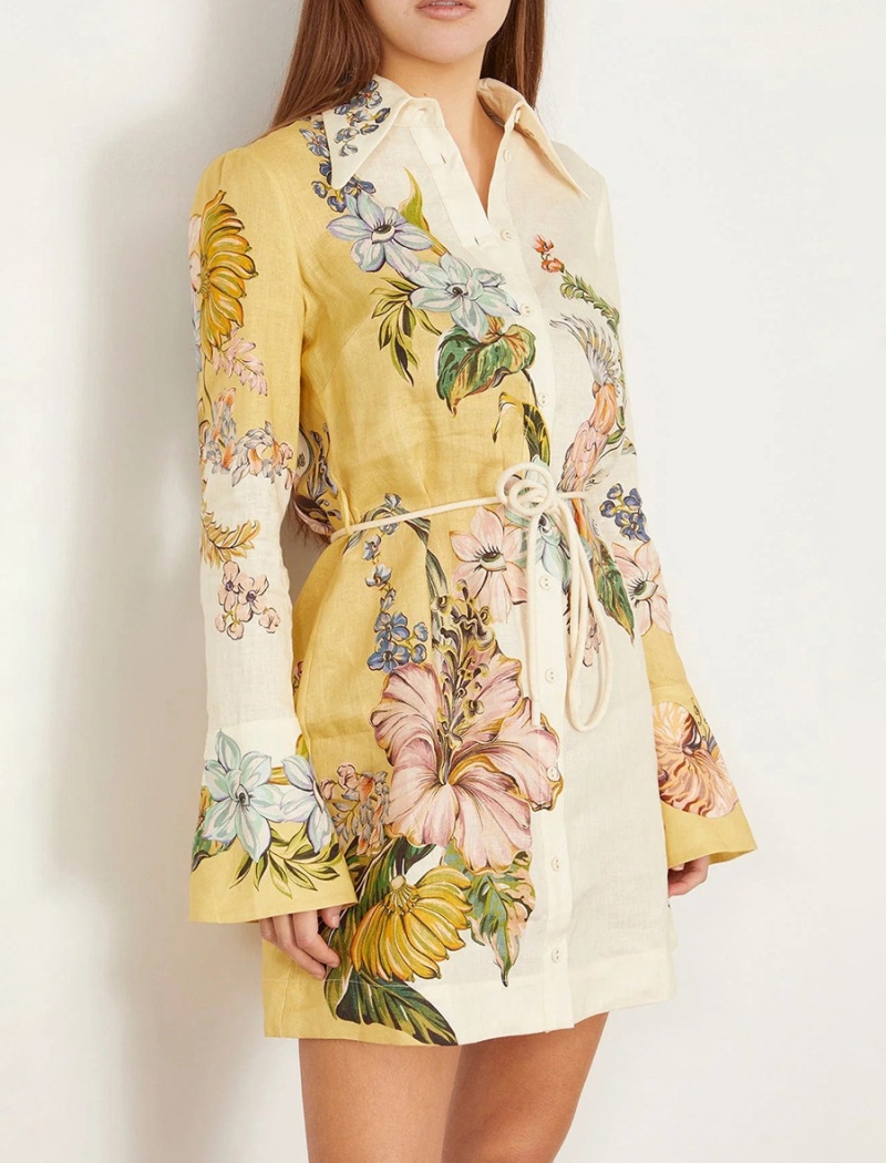 Printing long sleeve T-back pinched waist dress for women
