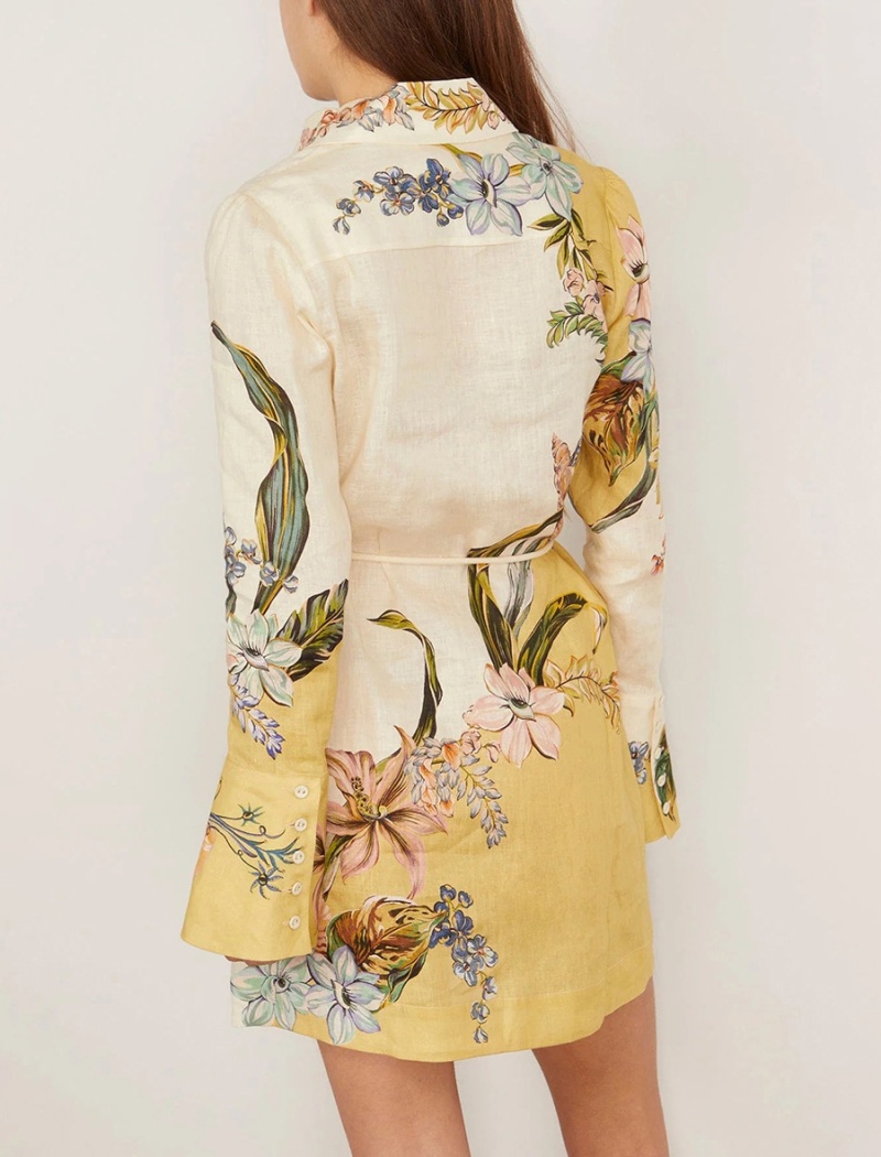 Printing long sleeve T-back pinched waist dress for women