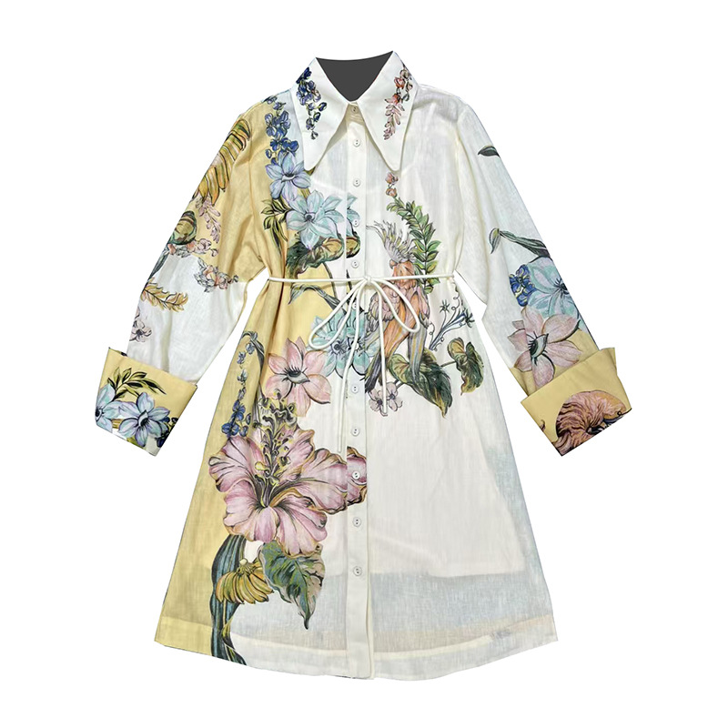 Printing long sleeve T-back pinched waist dress for women