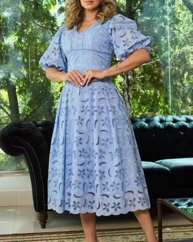 Puff sleeve hollow long dress summer dress for women