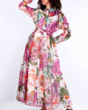 Lapel retro long dress Bohemian style dress