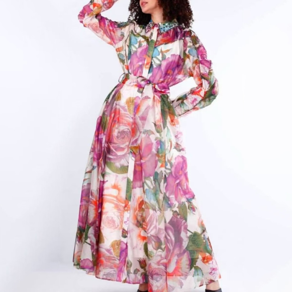 Lapel retro long dress Bohemian style dress