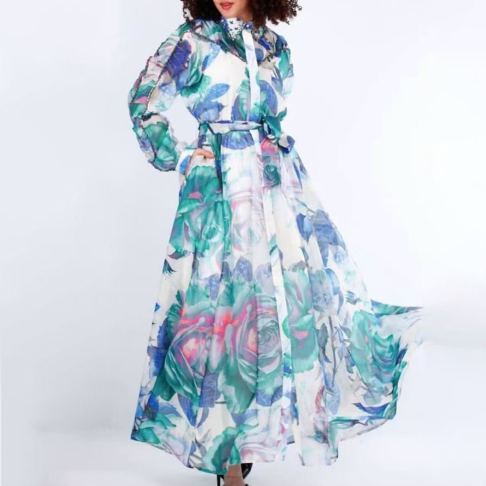 Lapel retro long dress Bohemian style dress