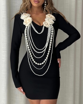 Package hip splice tassels V-neck dress for women