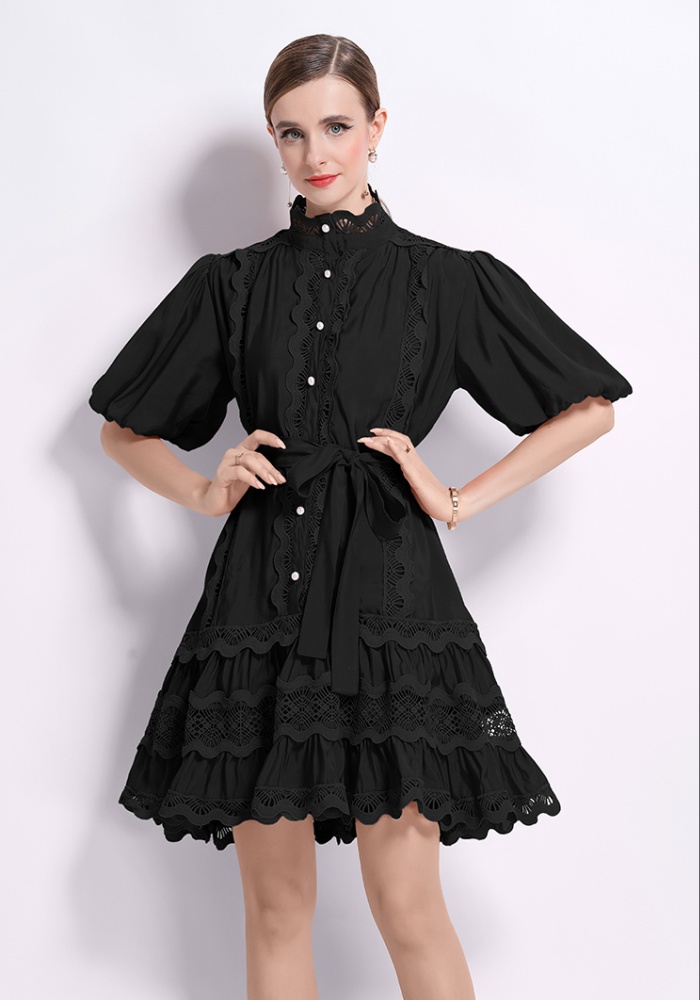 Retro lace puff sleeve large yard splice niche dress