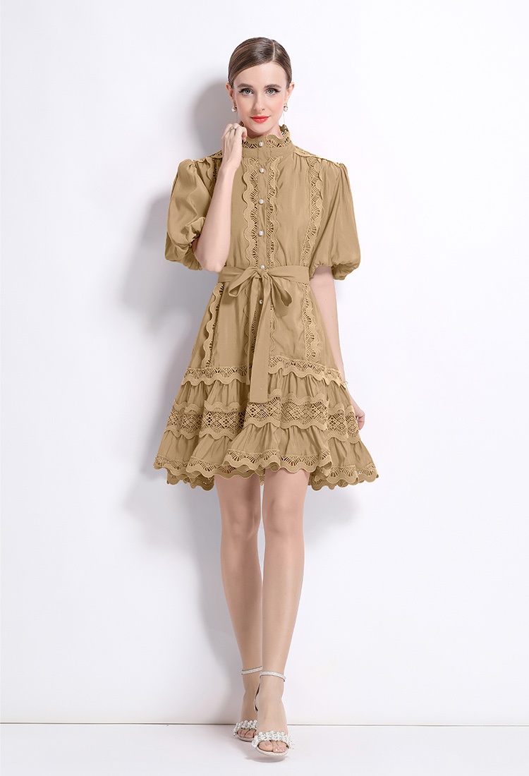 Retro lace puff sleeve large yard splice niche dress