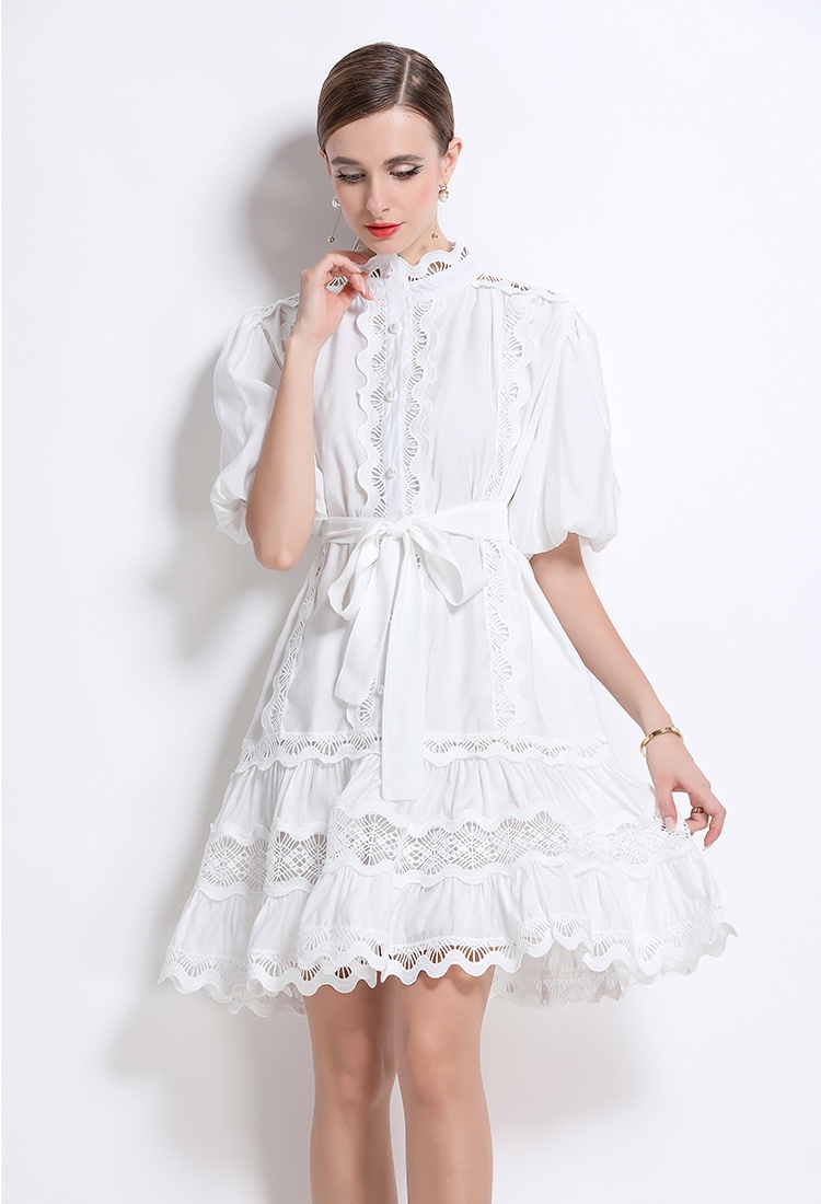Retro lace puff sleeve large yard splice niche dress