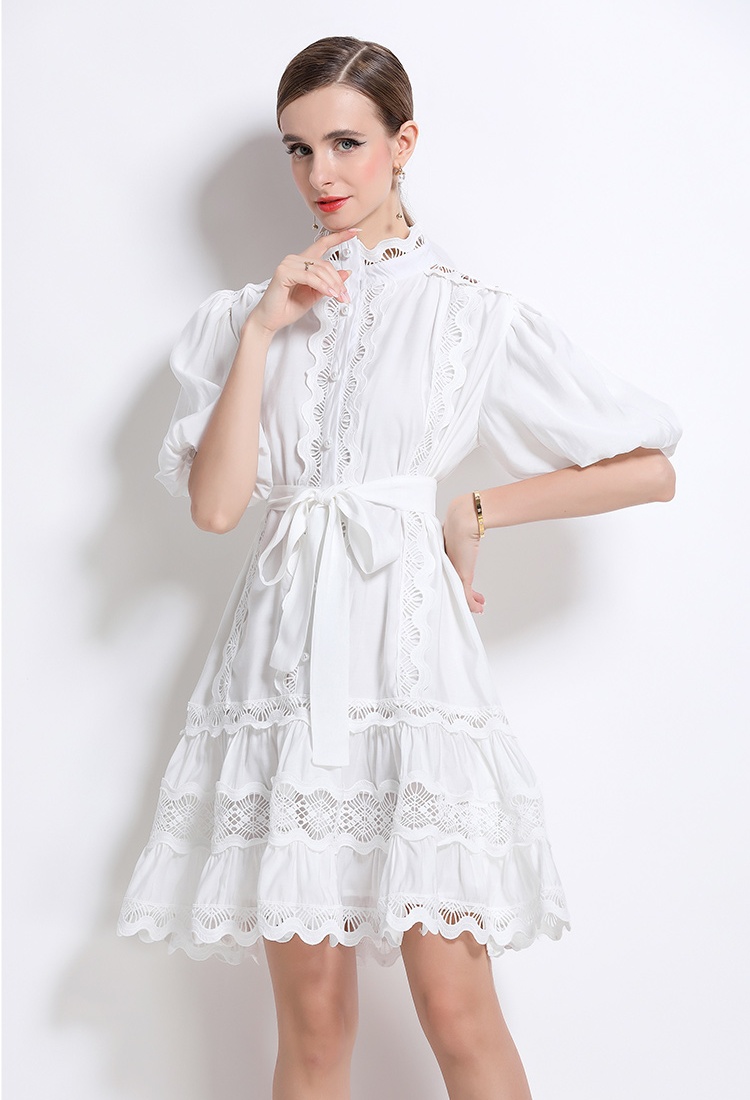 Retro lace puff sleeve large yard splice niche dress
