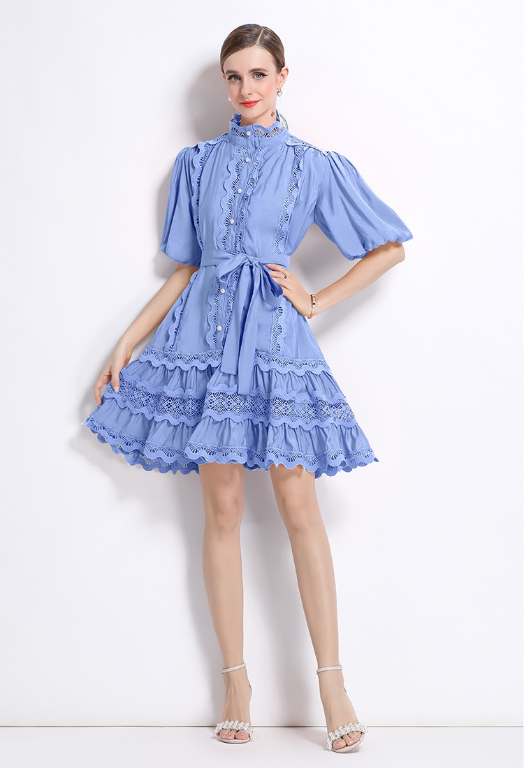 Retro lace puff sleeve large yard splice niche dress