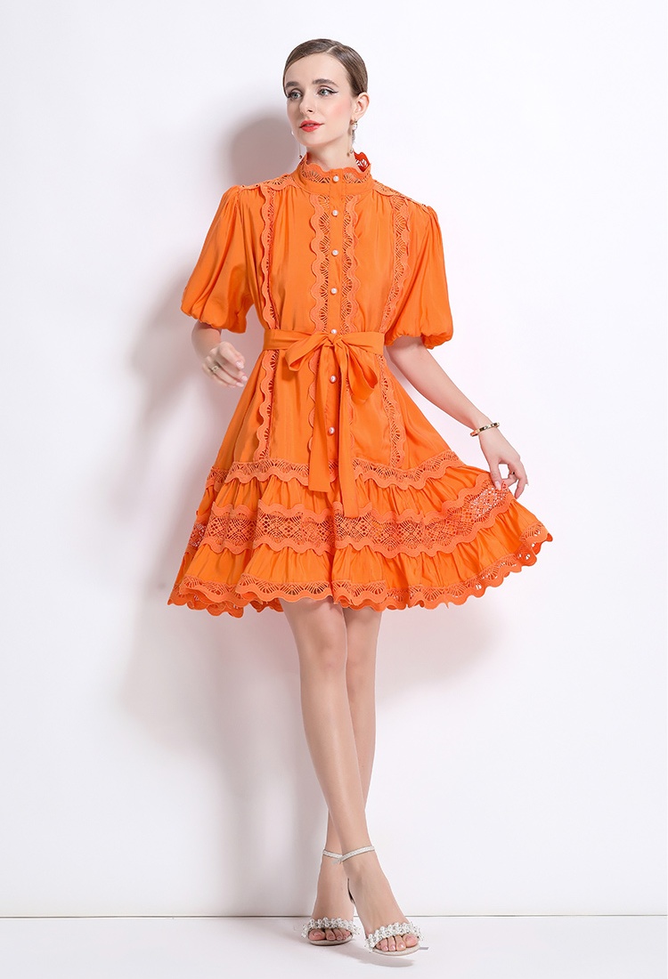 Retro lace puff sleeve large yard splice niche dress