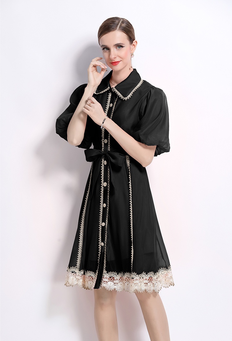 Summer stitching lace retro lapel single-breasted dress
