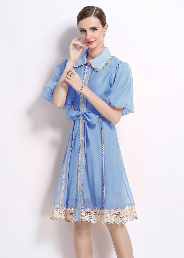 Summer stitching lace retro lapel single-breasted dress
